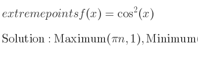 The extreme points of f(x)=cos^2(x) are Maximum(pin,1),Minimum(pi/2+pin,0)
